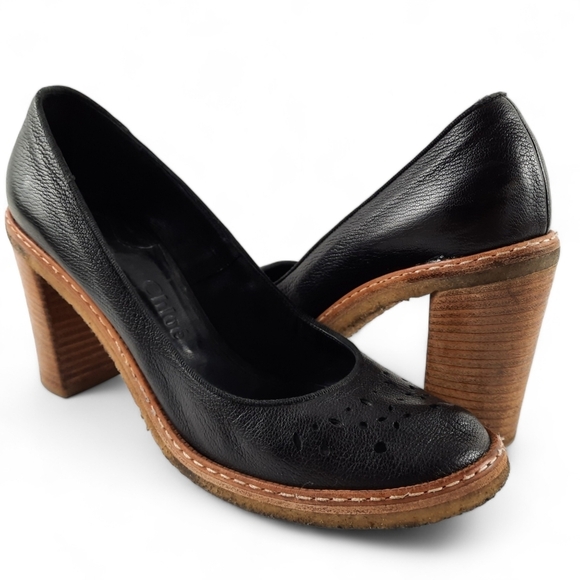 CHLOE Crepe Sole Welted Black Pumps Perforated Rubber Platform Chunky Heel 10 - Picture 1 of 12